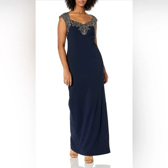Adrianna Papell Women's Petite Beaded Long Dress in Midnight Size 10P - Picture 5 of 7